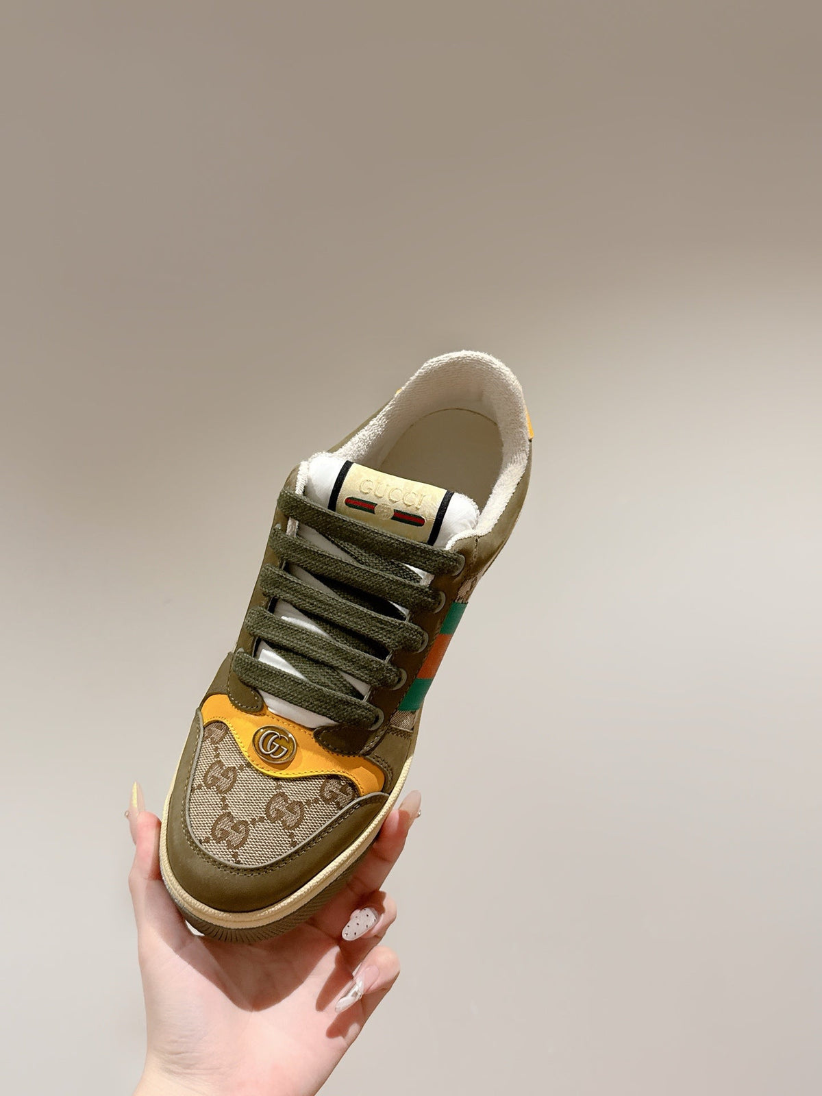 GG 26s Screener Sneaker Olive Green Suede And Beige Canvas