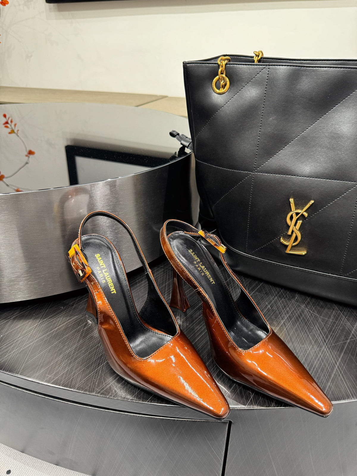 YSL 26S Slingback Heels 10.5cm Dark Orange Glossy Calfskin With Buckle Closure