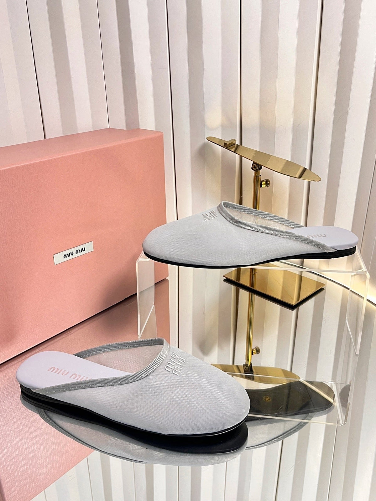 Miumiu 26S Flat Mules Grey Fabric And Leather