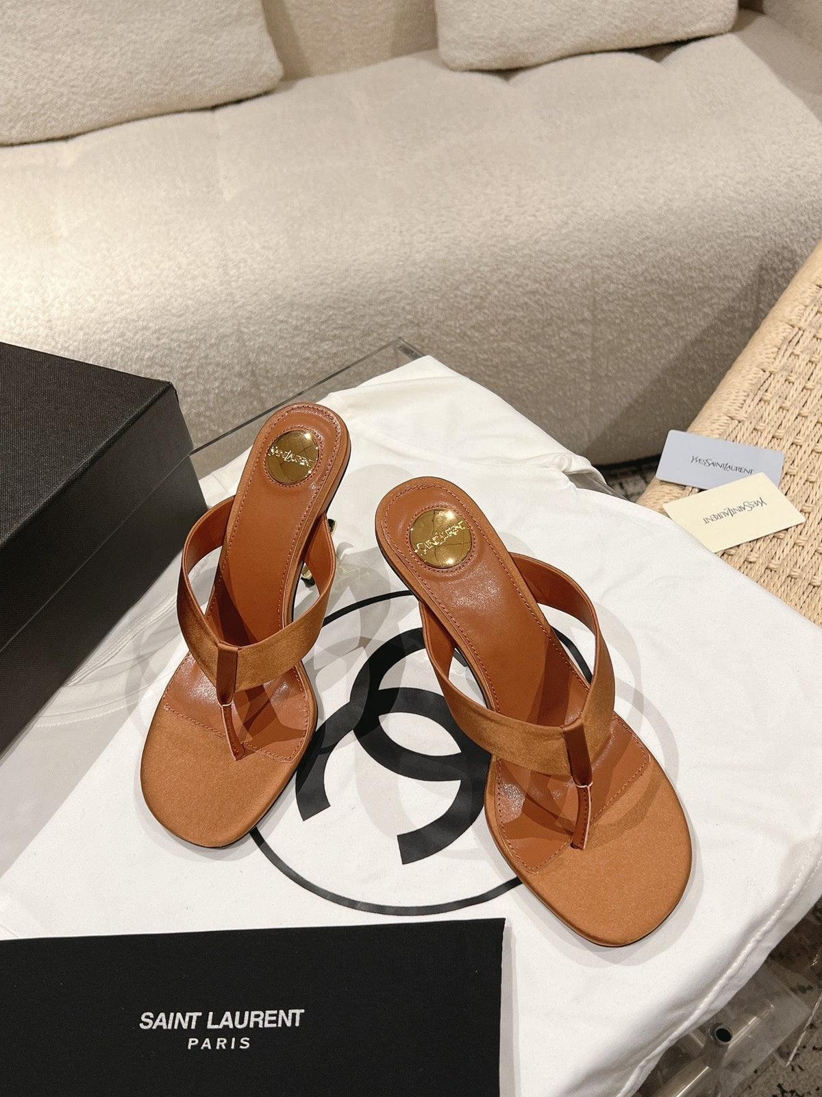 YSL 26S Heeled Thong Sandals 8.5cm Tan Brown Satin