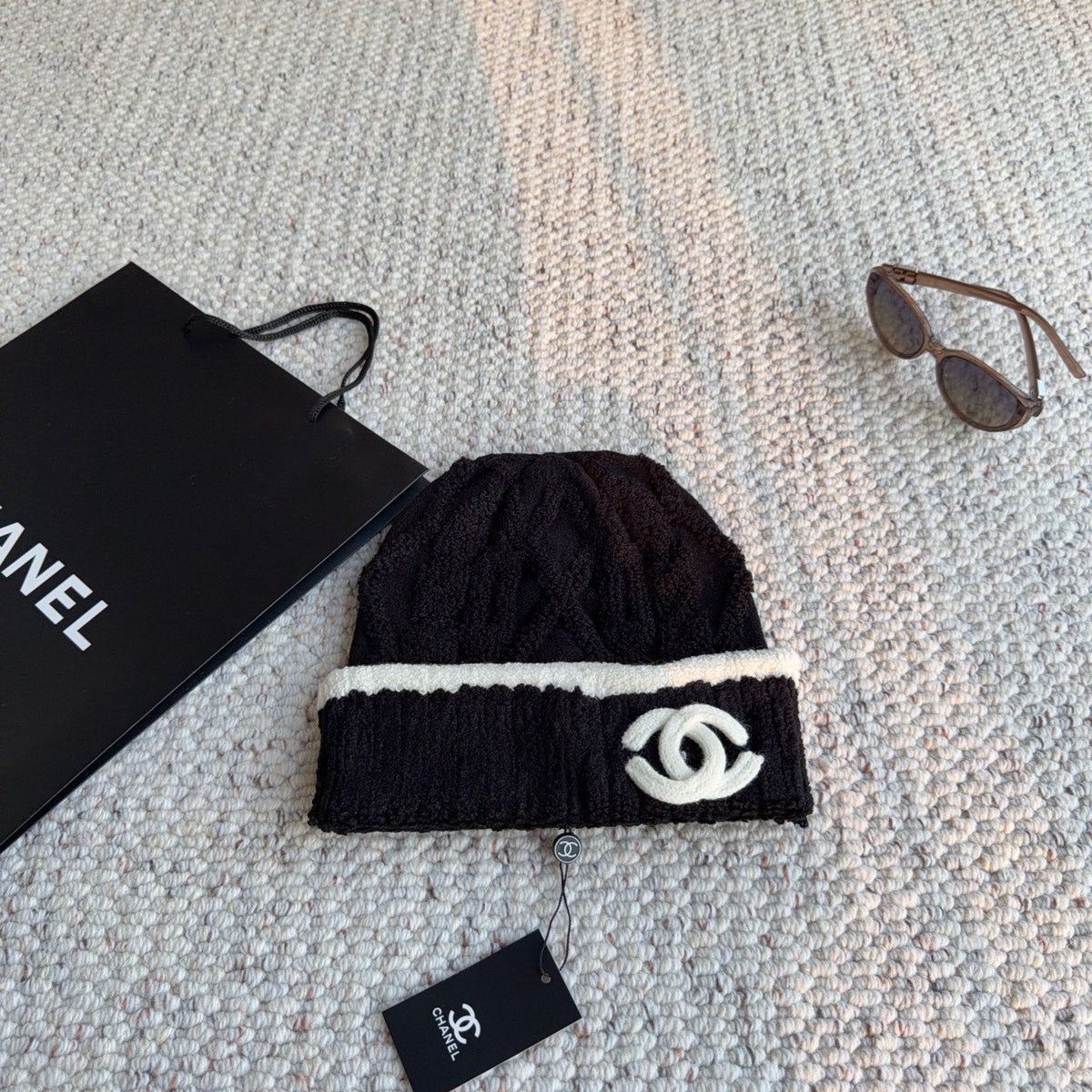 CC 26FW Two-Tone Cable Knit Beanie Hat Wool Blend 563895