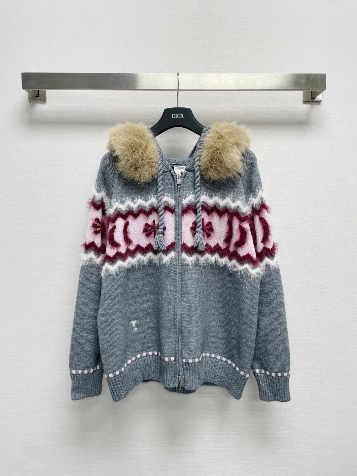 CD 26FW Hooded Wool Cardigan Removable Fur Collar Contrast Trim Bee Embroidery 446708