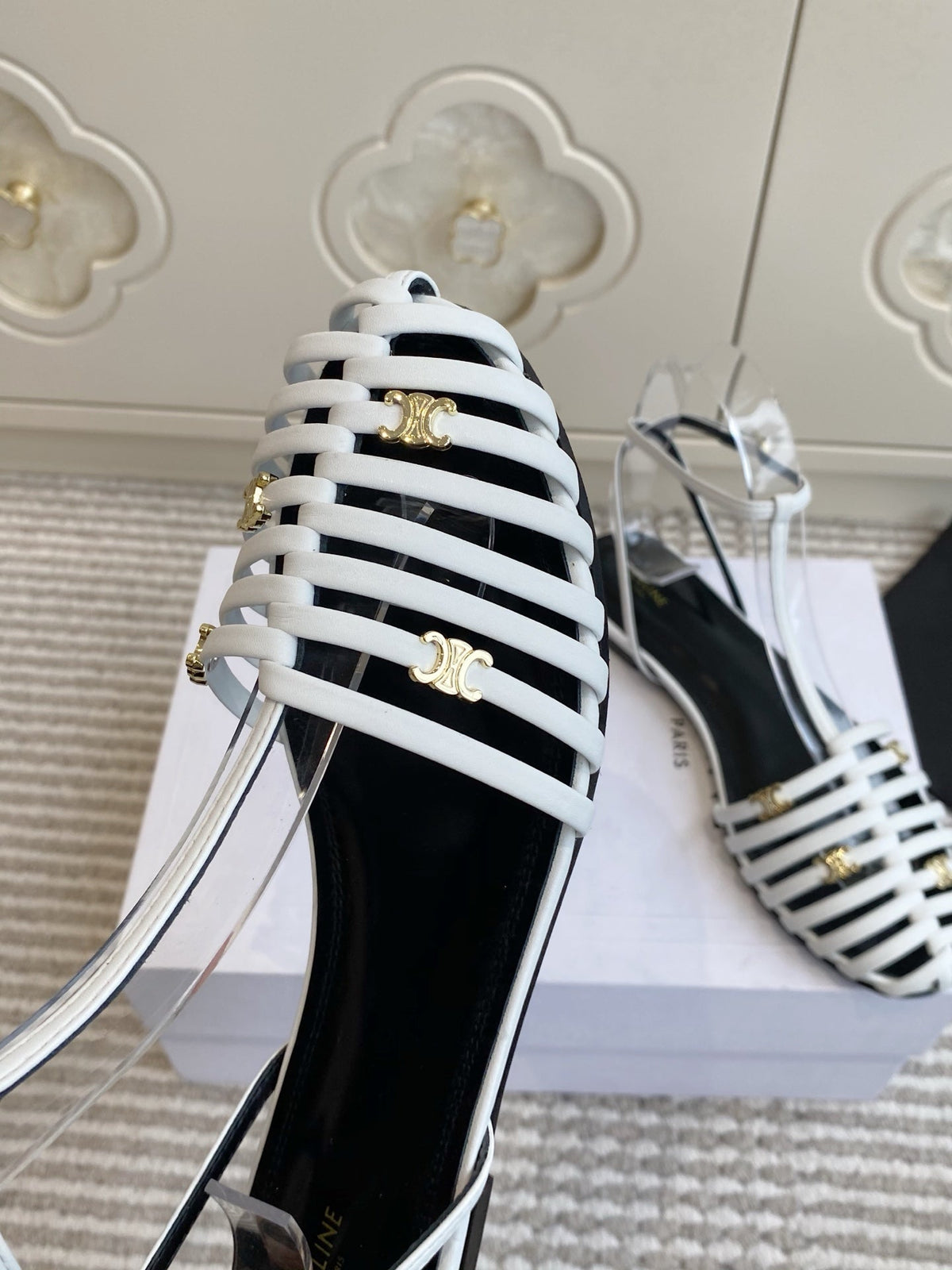 Celine 26s Clea Triomphe Gladiator Sandals White Lambskin 481395
