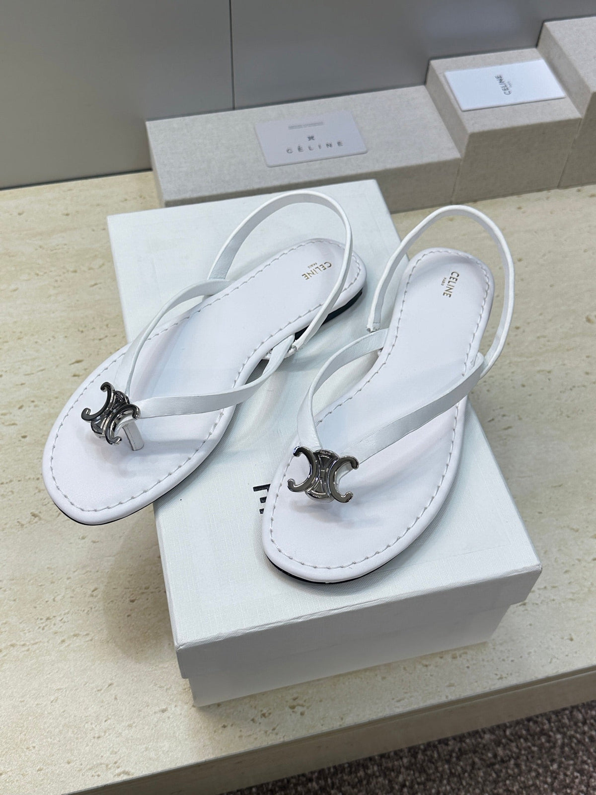 Celine 26s Thong Sandals White Calfskin 294817
