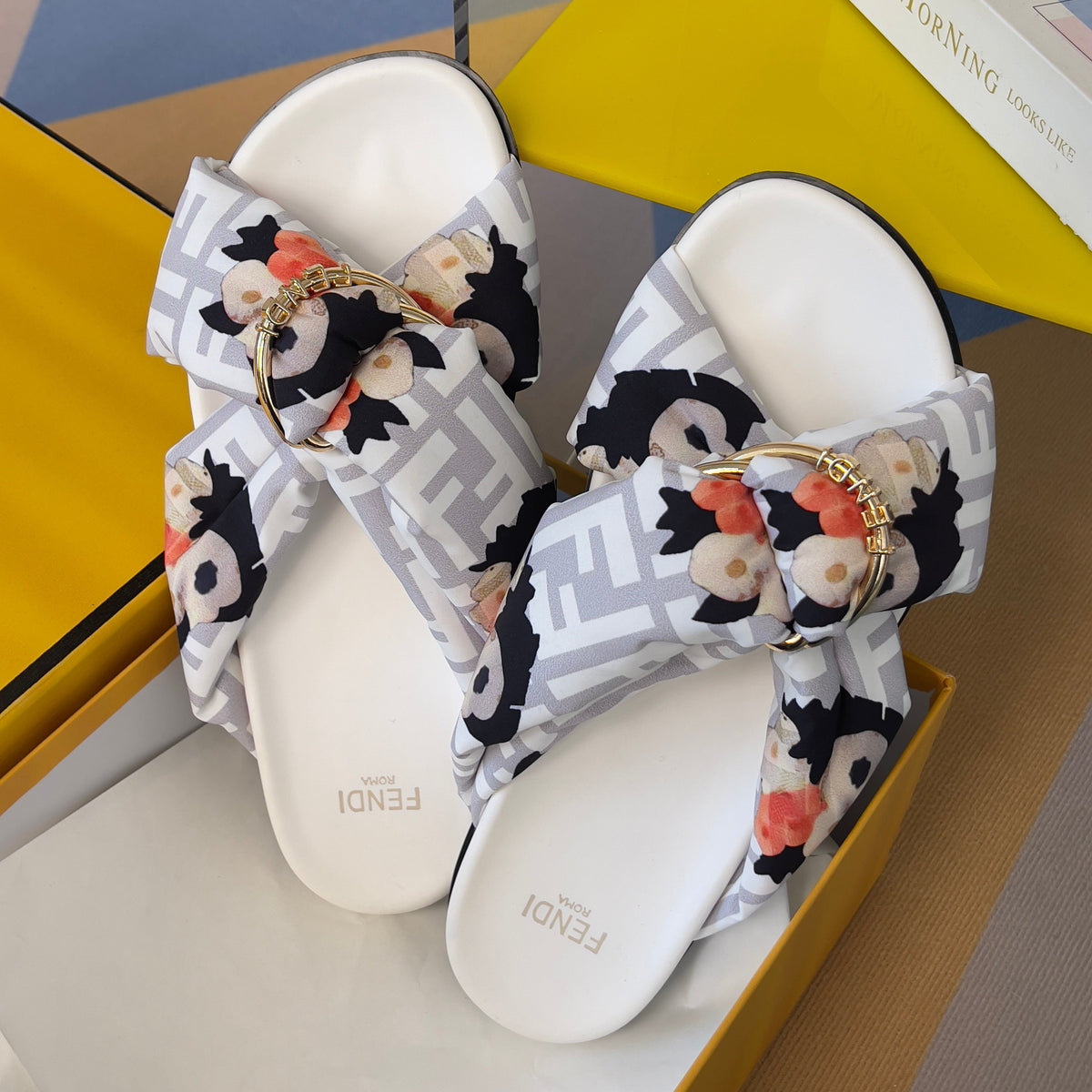 Fendi 26S Patterned Cross-Strap Slide Sandals Multicolor Fabric