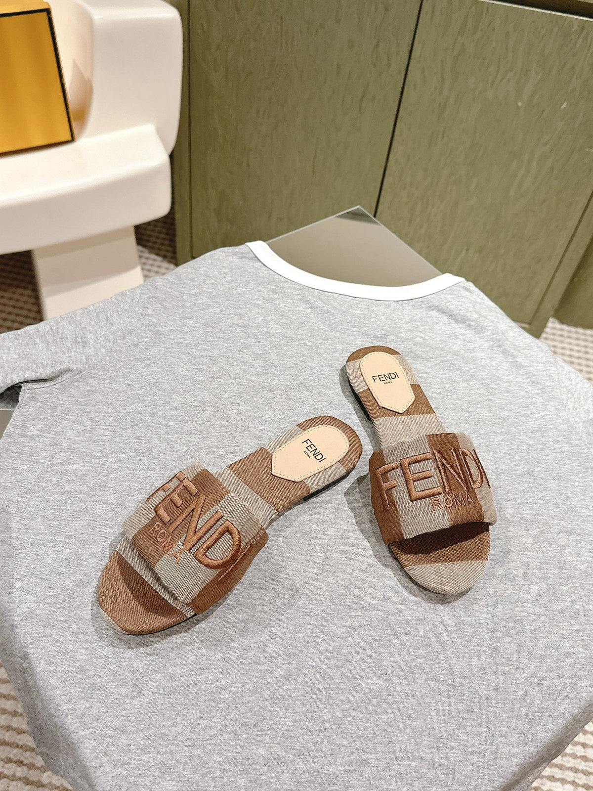 Fendi 26S Slide Sandals Beige And Brown Canvas