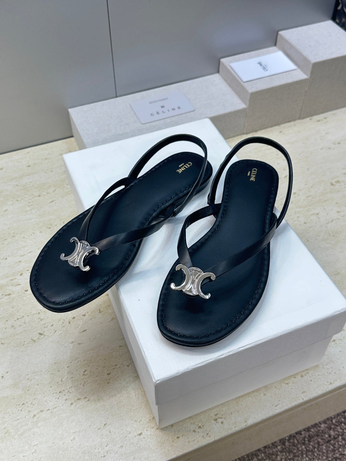Celine 26s Thong Sandals Black Calfskin 602479