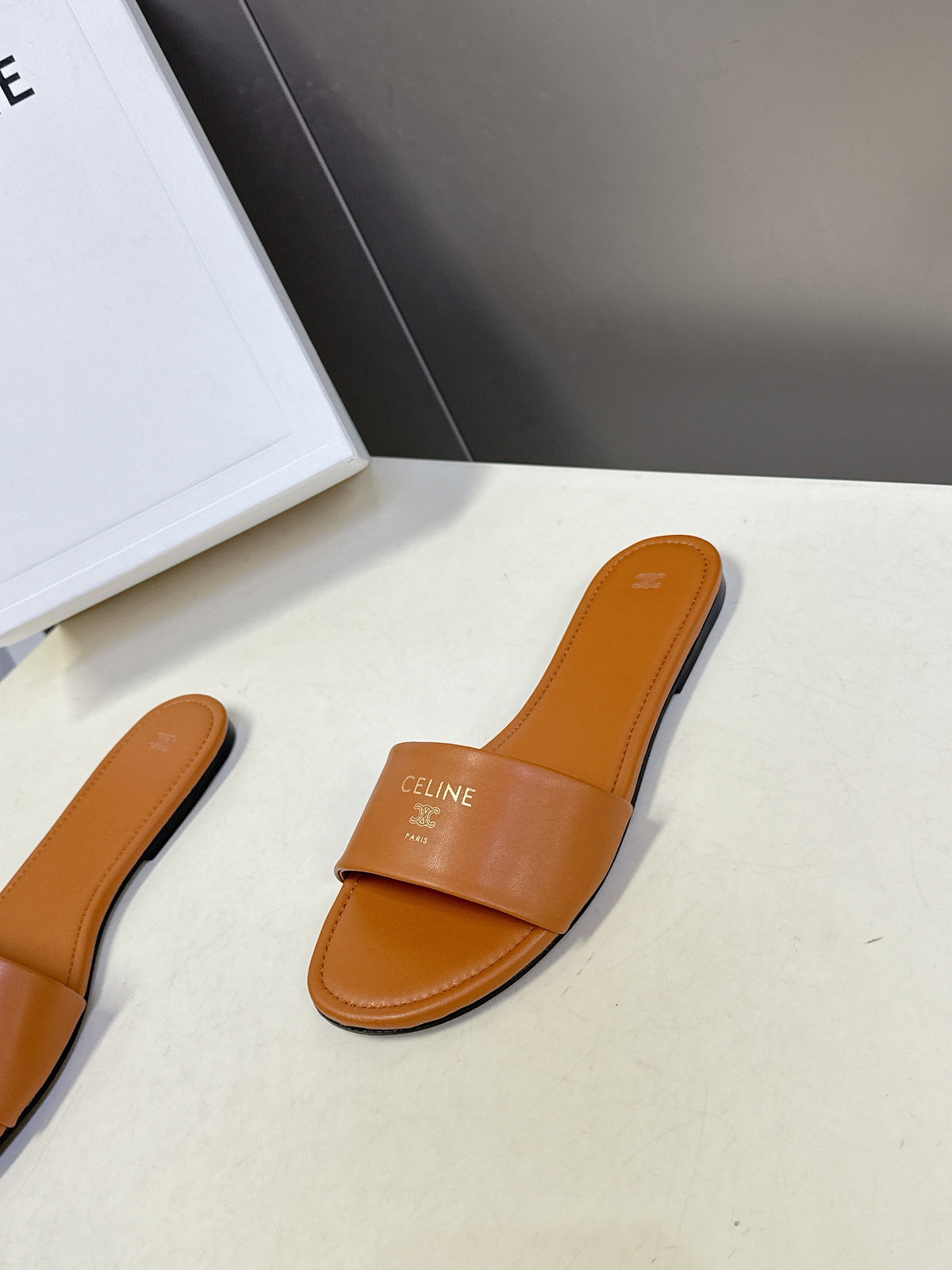 Celine 26s Flat Slides Tan Brown Lambskin 418296