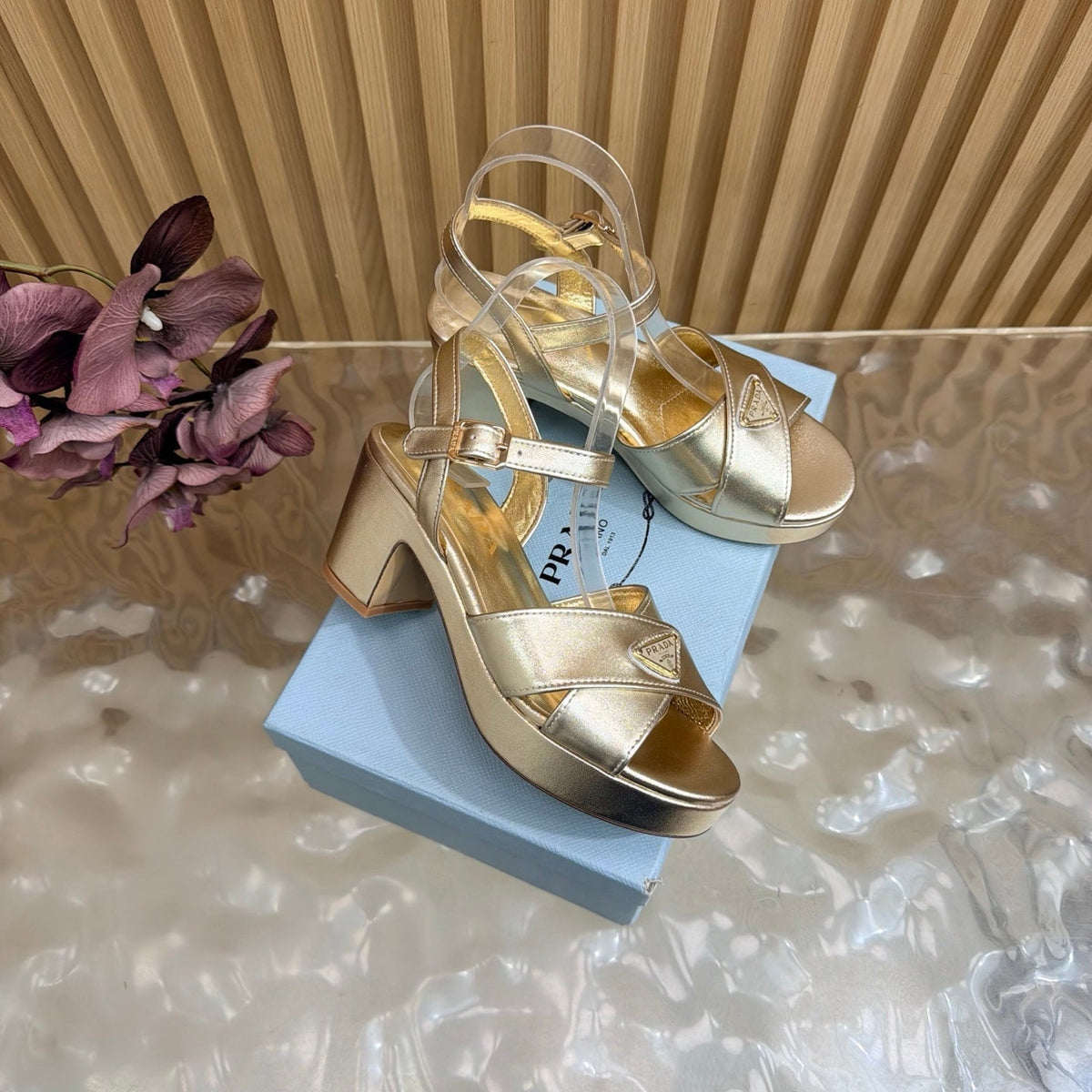 Prada 26S Block Heel Sandals 7.5cm Light Gold Calfskin
