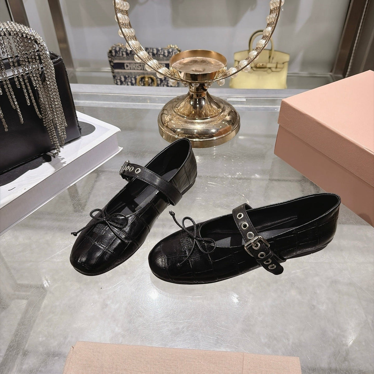 Miumiu 26S Mary Jane Flats Black Croc-Embossed Leather