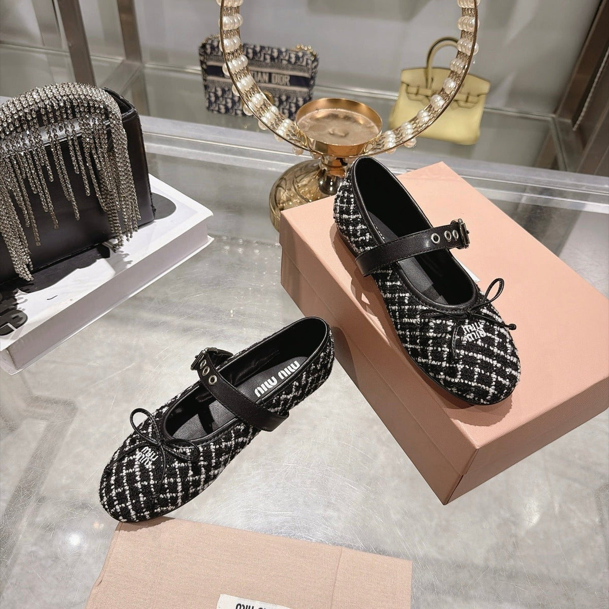 Miumiu 26S Mary Jane Flats Black And White Tweed Fabric