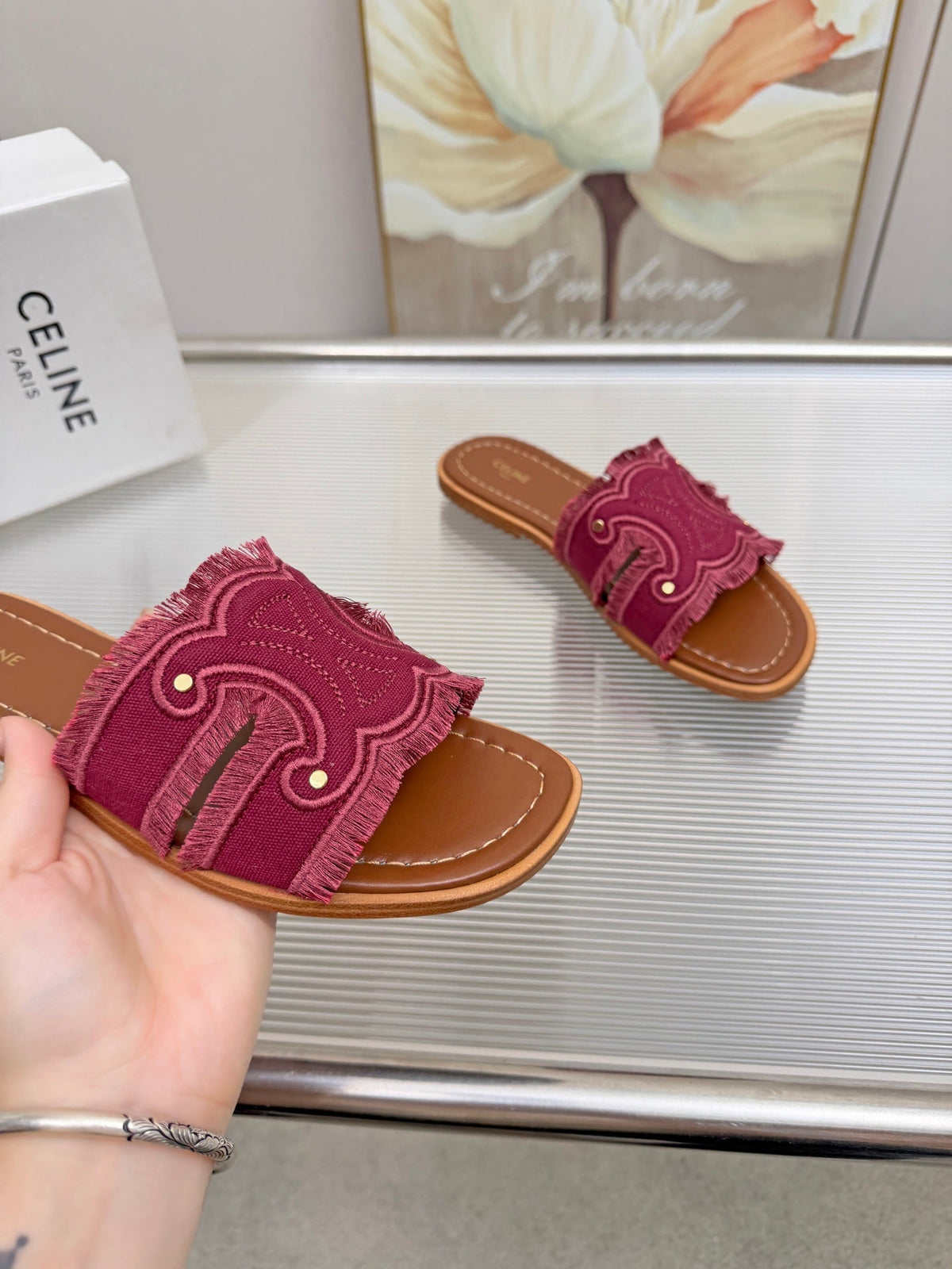 Celine 26s Triomphe Slide Sandals Berry Pink Canvas 415832