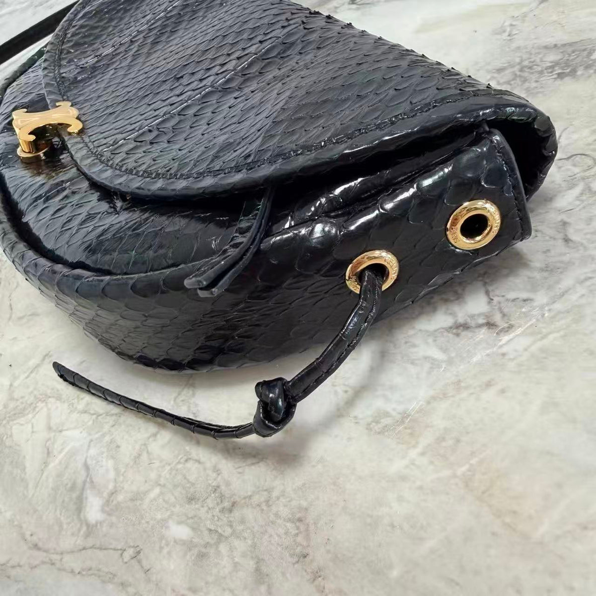 CE 26S Half-Moon Shoulder Bag 25cm Black Embossed Cowhide Leather
