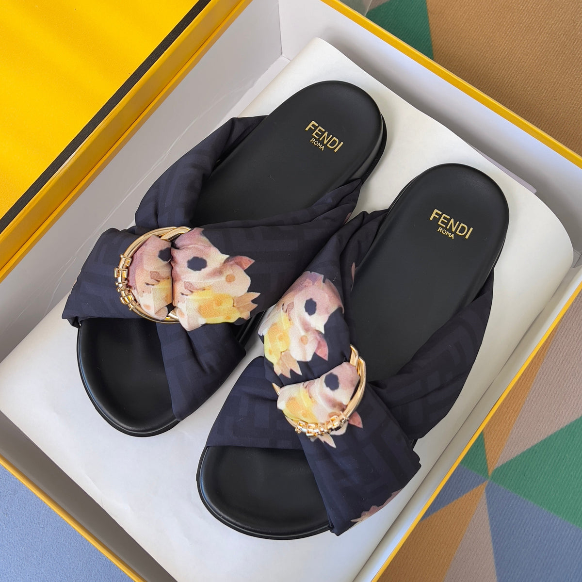 Fendi 26S Patterned Cross-Strap Slide Sandals Black Fabric