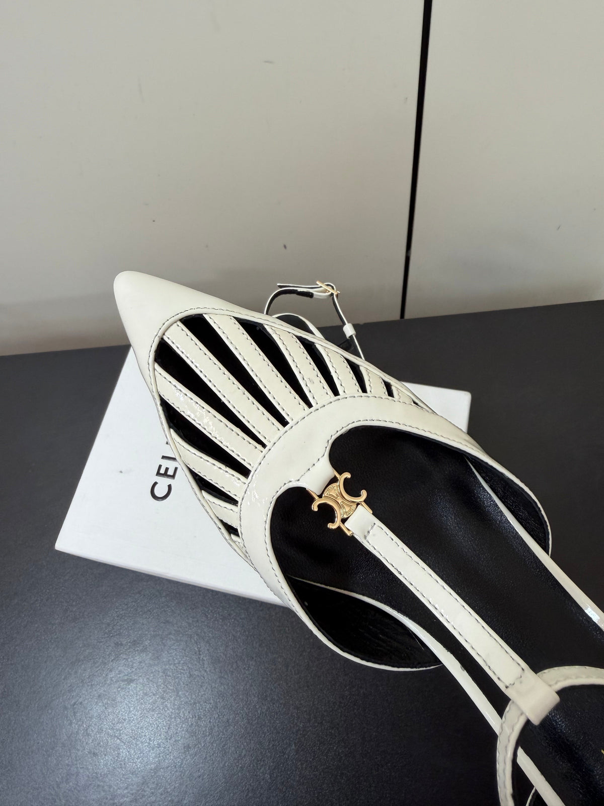 Celine 26s Triomphe T-Strap Slingback Pumps In White Patent Calfskin
