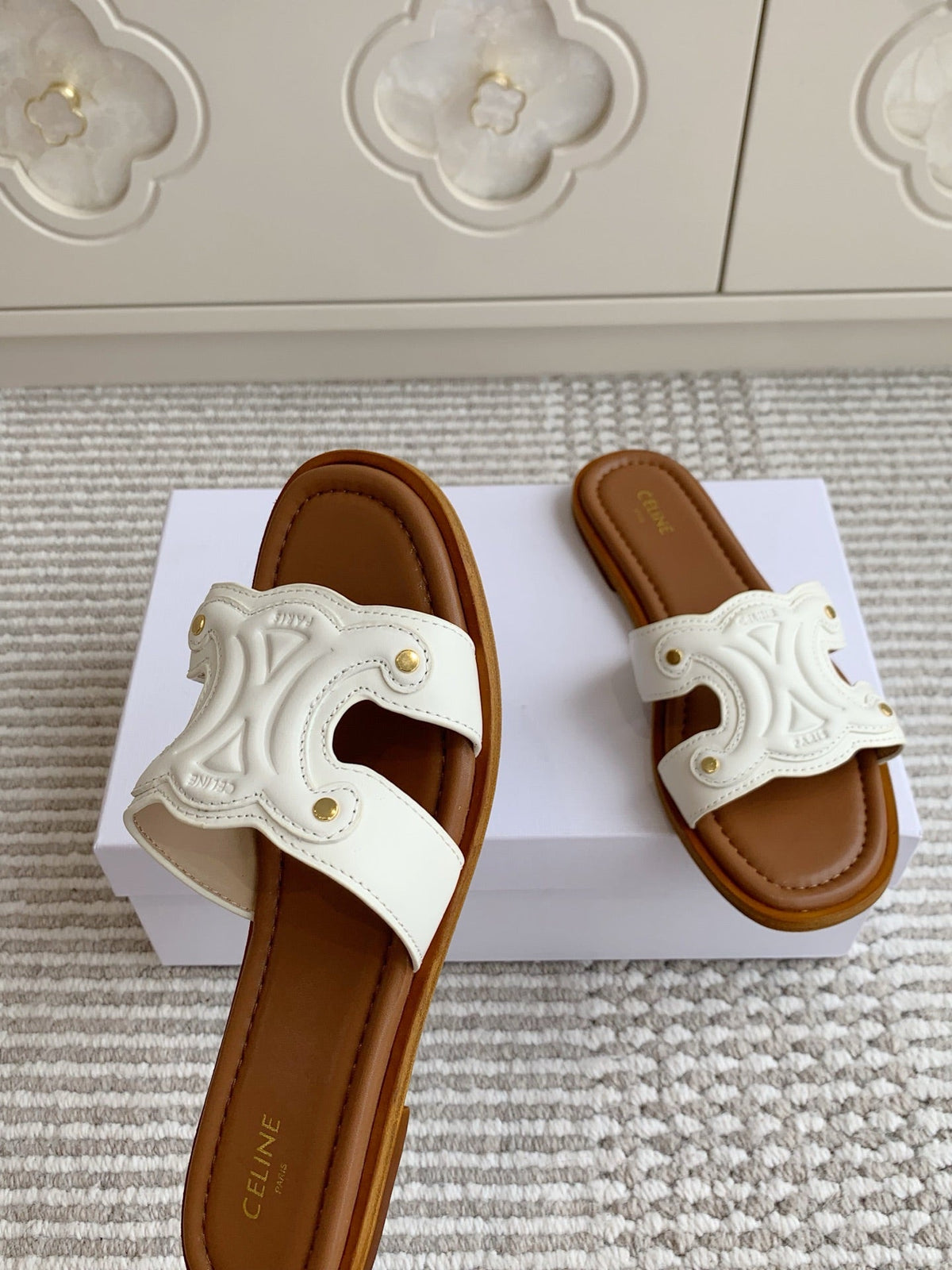 Celine 26s Triomphe Slide Sandals Ivory White Calfskin With Tan Brown Footbed 295138