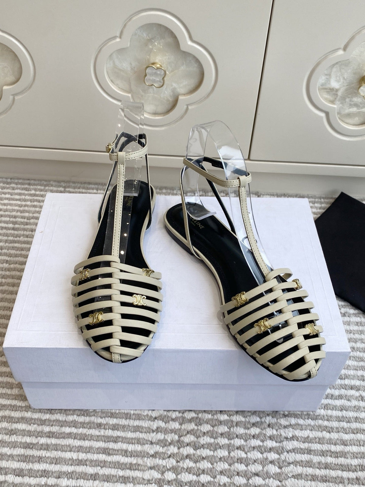 Celine 26s Clea Triomphe Gladiator Sandals Beige Lambskin 519284