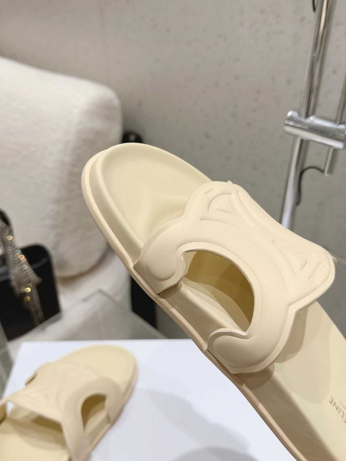 Celine 26s Triomphe Slides Pastel Yellow Calfskin 538194