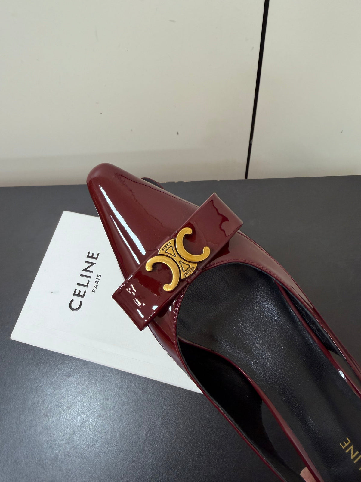 Celine 26s Triomphe Slingback Pumps In Burgundy Red Patent Calfskin Gold Hardware