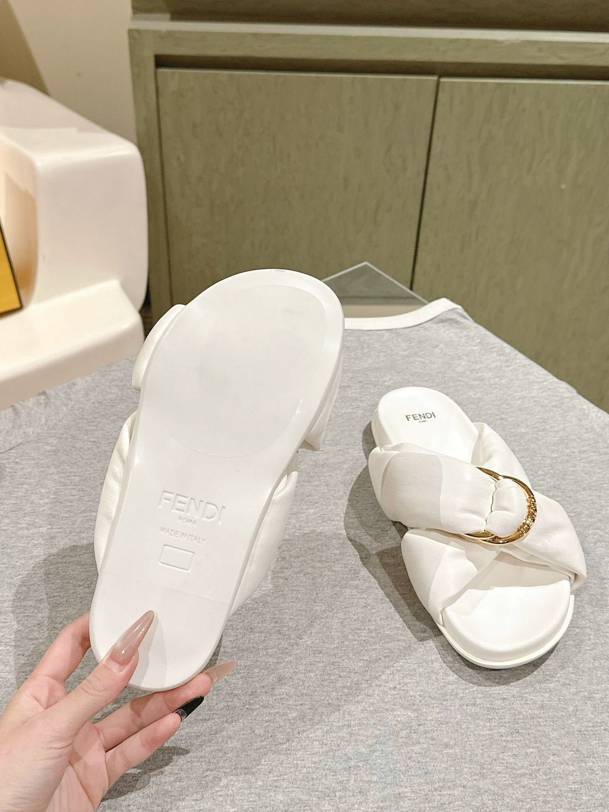 Fendi 26S Wide Cross-Strap Sandals White Lambskin