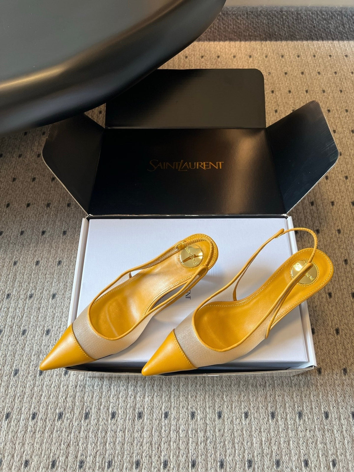 YSL 26S Heeled Slingbacks 6cm Mustard Yellow Lambskin And Beige Mesh