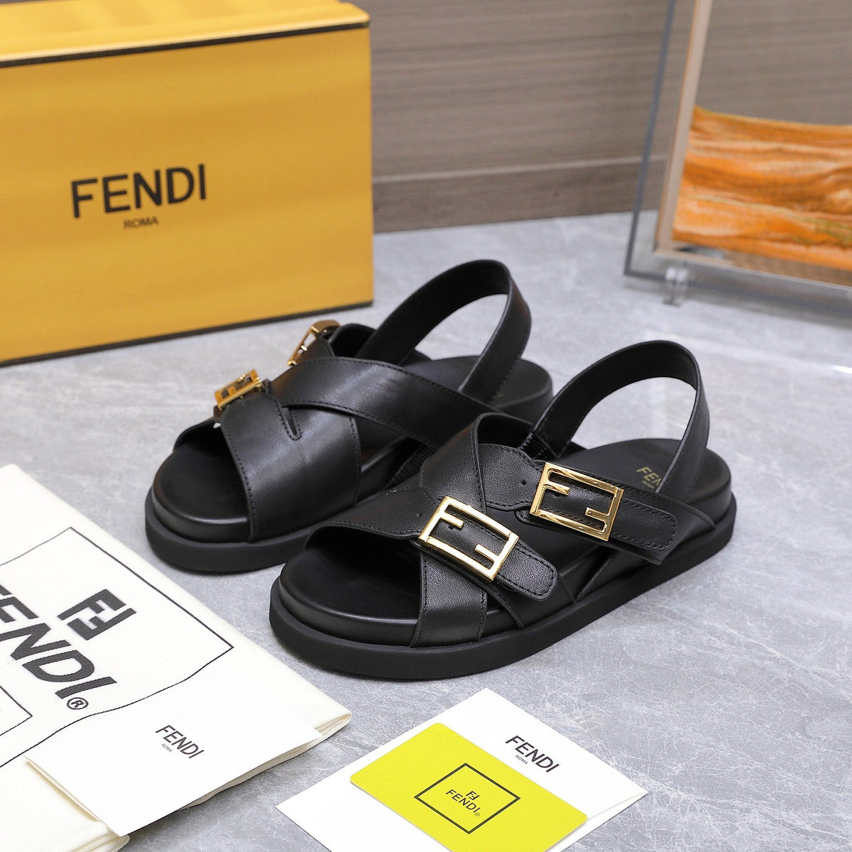 Fendi 26S Flat Sandals Black Calfskin