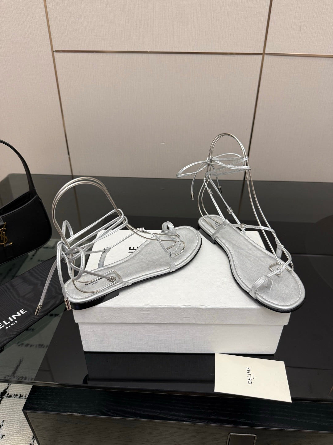Celine 26s Triomphe Lace Up Flat Sandals Silver Calfskin 417392