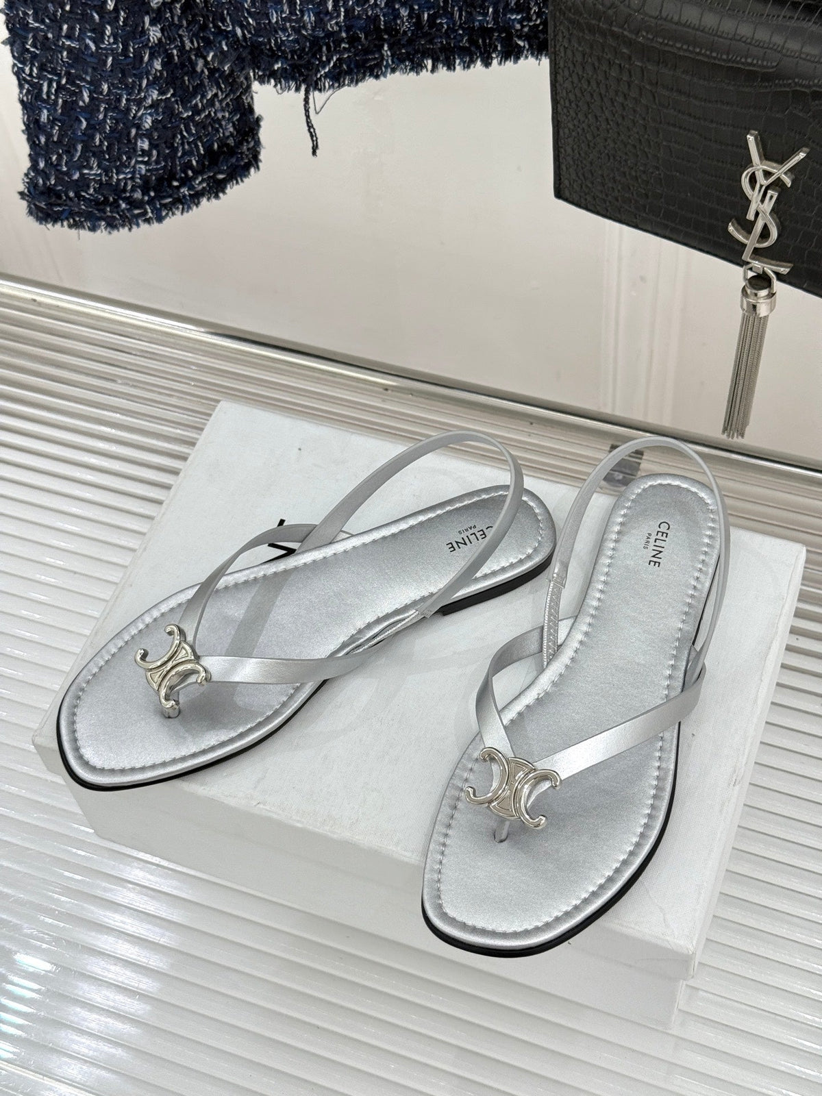 Celine 26s Thong Sandals Silver Calfskin 416283