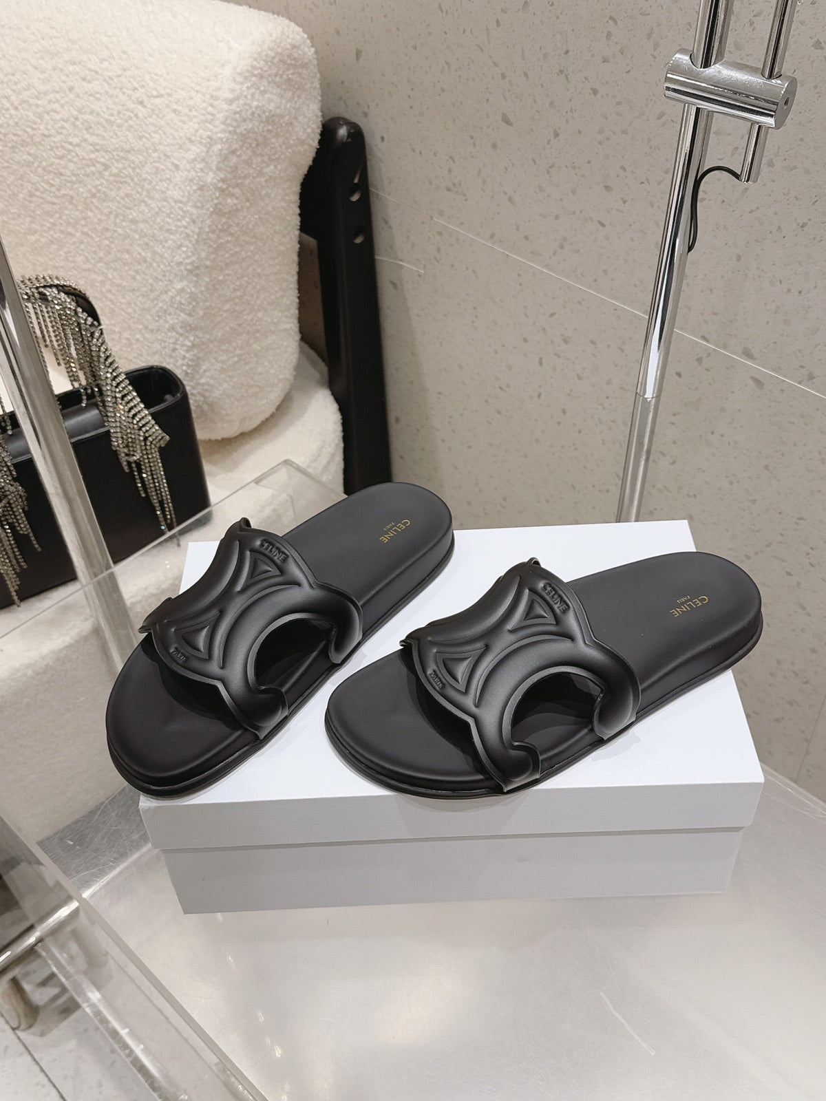 Celine 26s Triomphe Slides Black Calfskin 714052