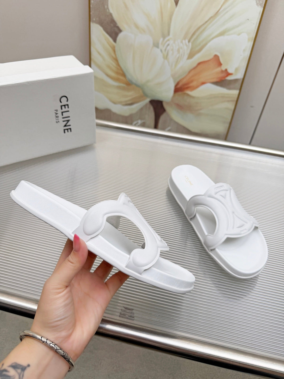 Celine 26s Triomphe Slides White Calfskin 843921