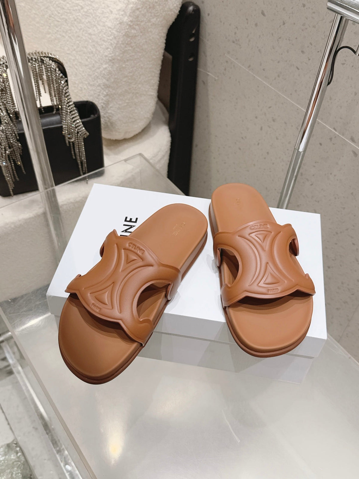Celine 26s Triomphe Slides Brown Calfskin 394815