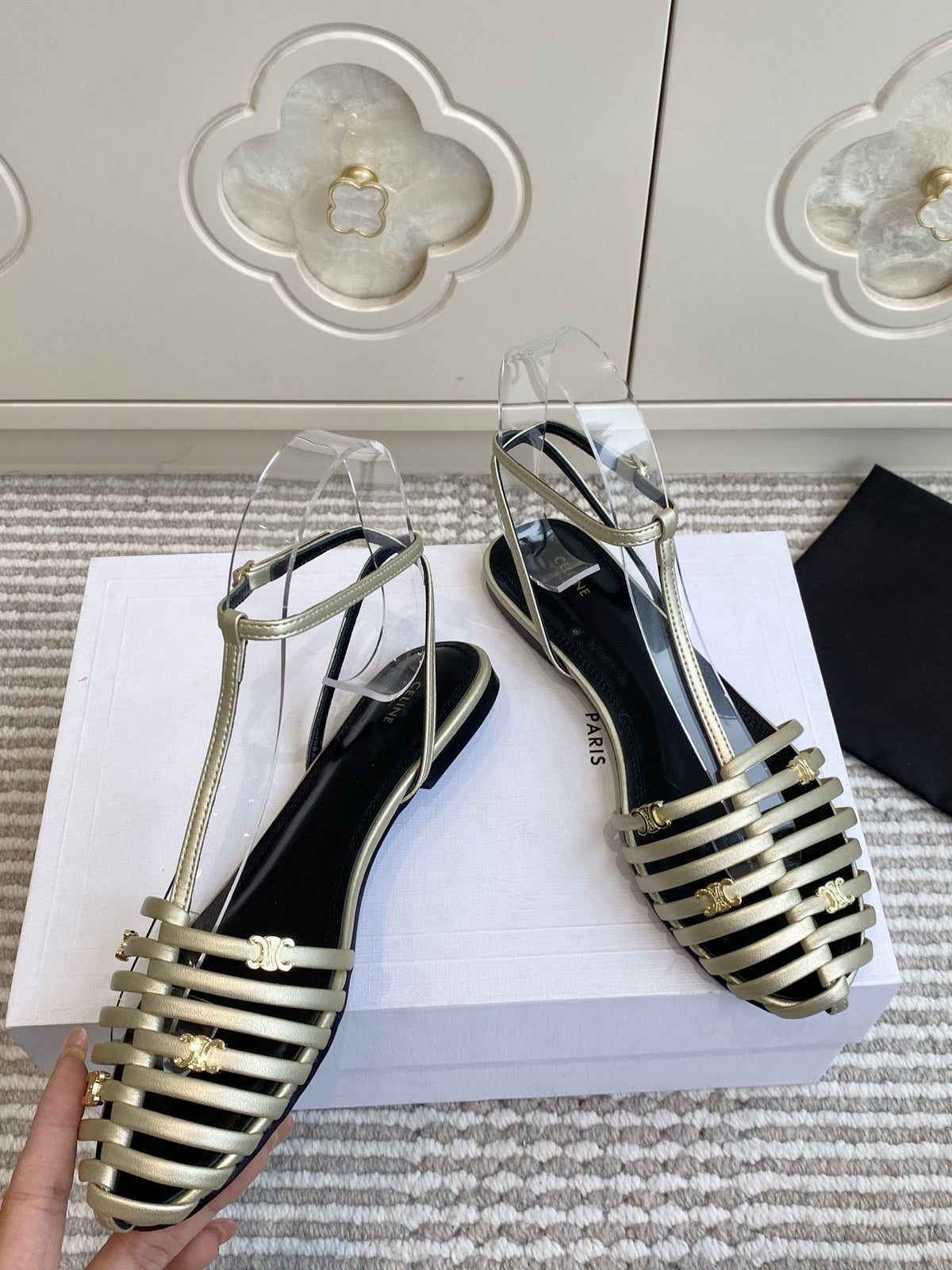 Celine 26s Clea Triomphe Gladiator Sandals Champagne Gold Lambskin 735106