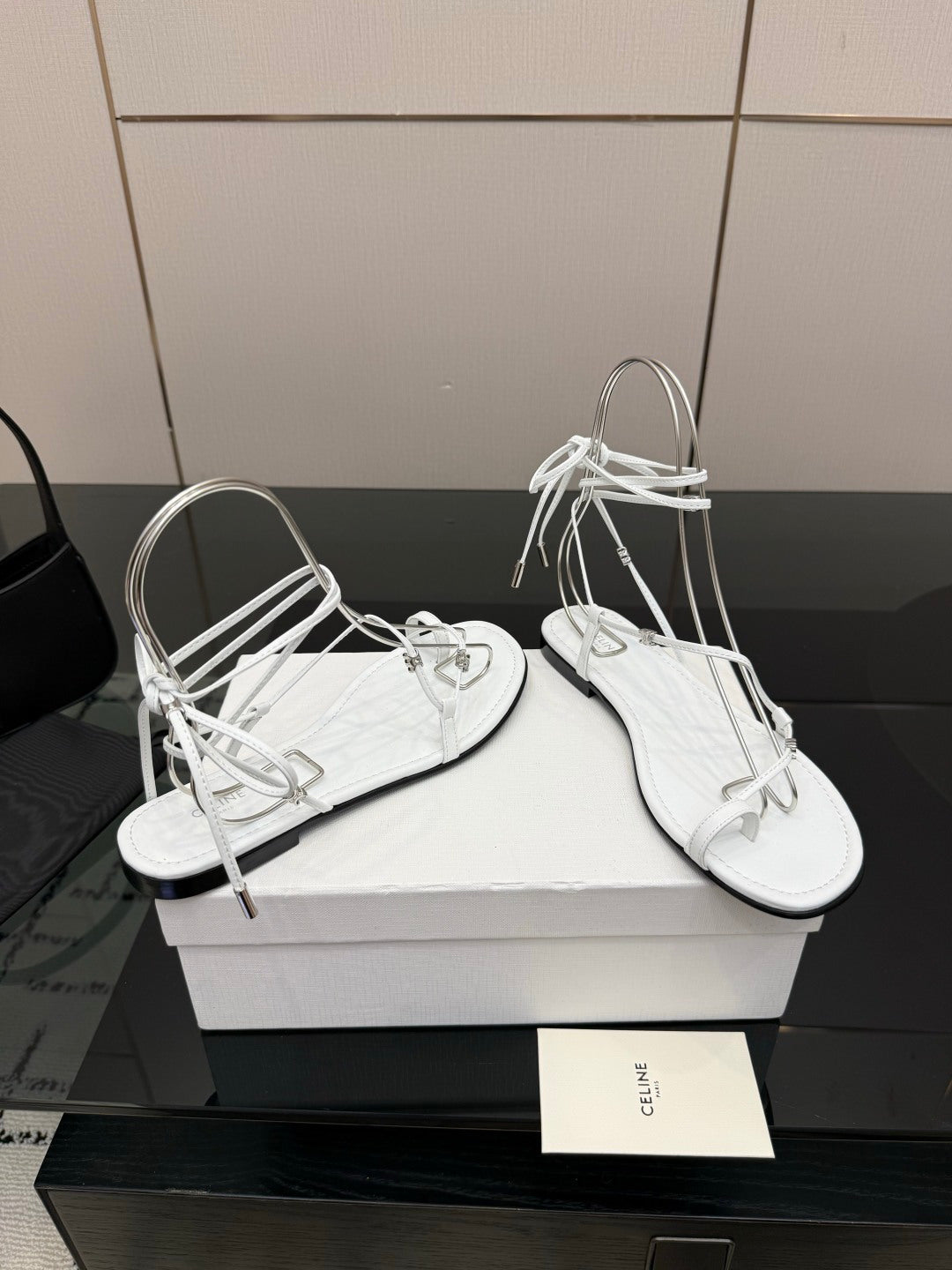 Celine 26s Triomphe Lace Up Flat Sandals White Calfskin 291483