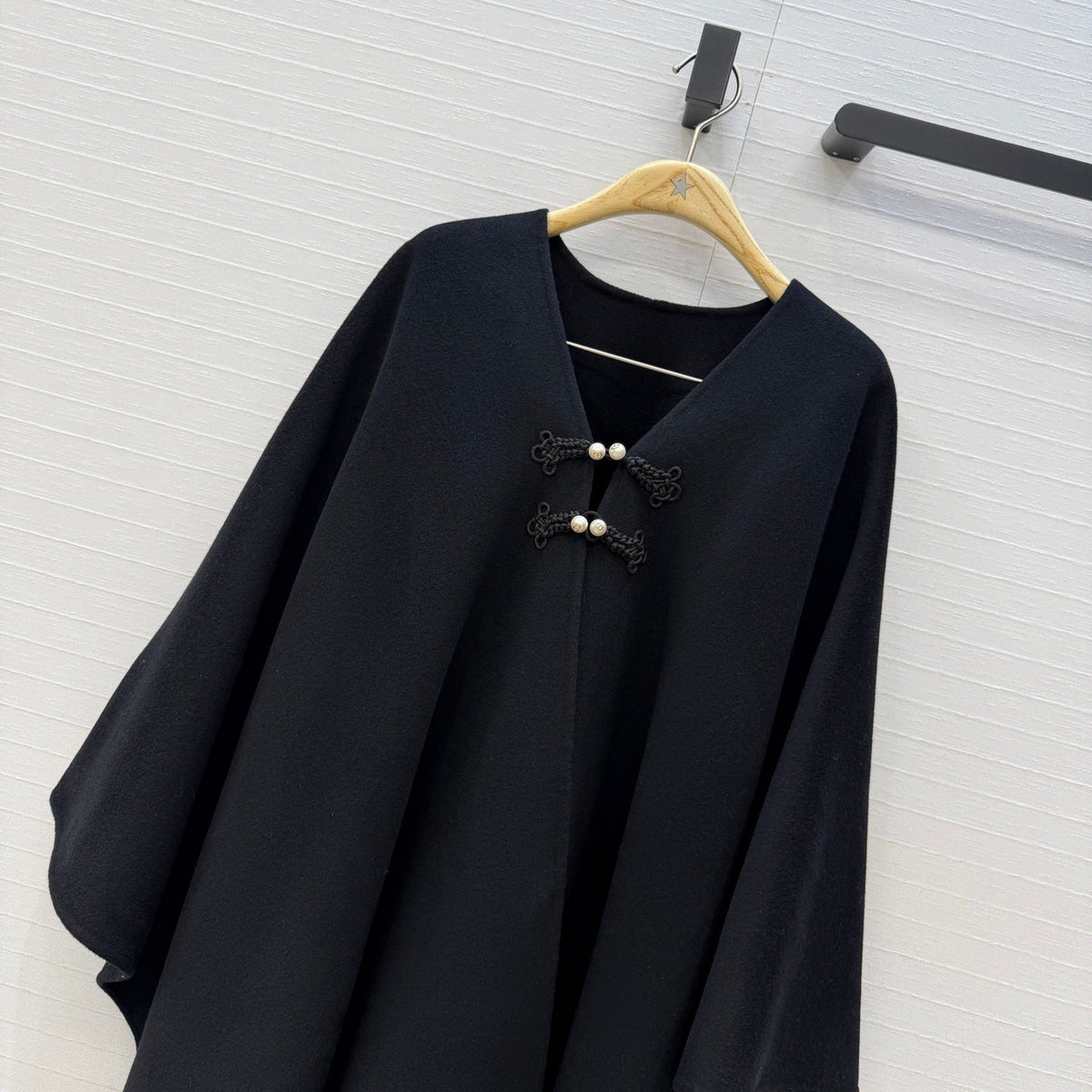 CD 26FW Cape Coat Knot Buttons Fringe Hem Black Wool 440413