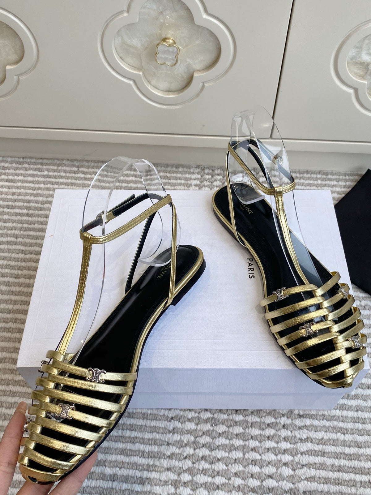 Celine 26s Clea Triomphe Gladiator Sandals Gold Lambskin 629148