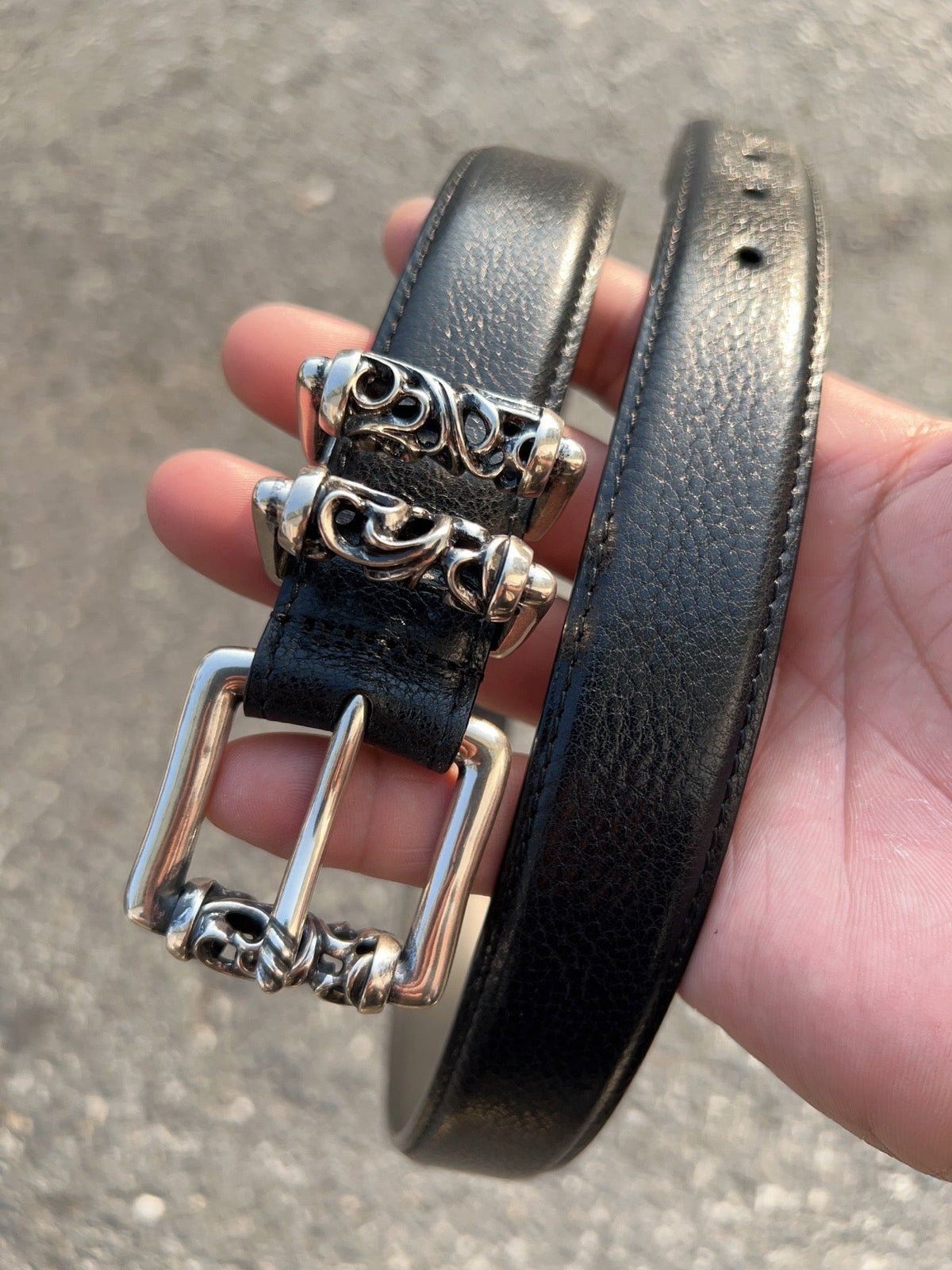 CH Roller Buckle Belt 3.0cm Black Oil-Waxed Cowhide Leathers 203185