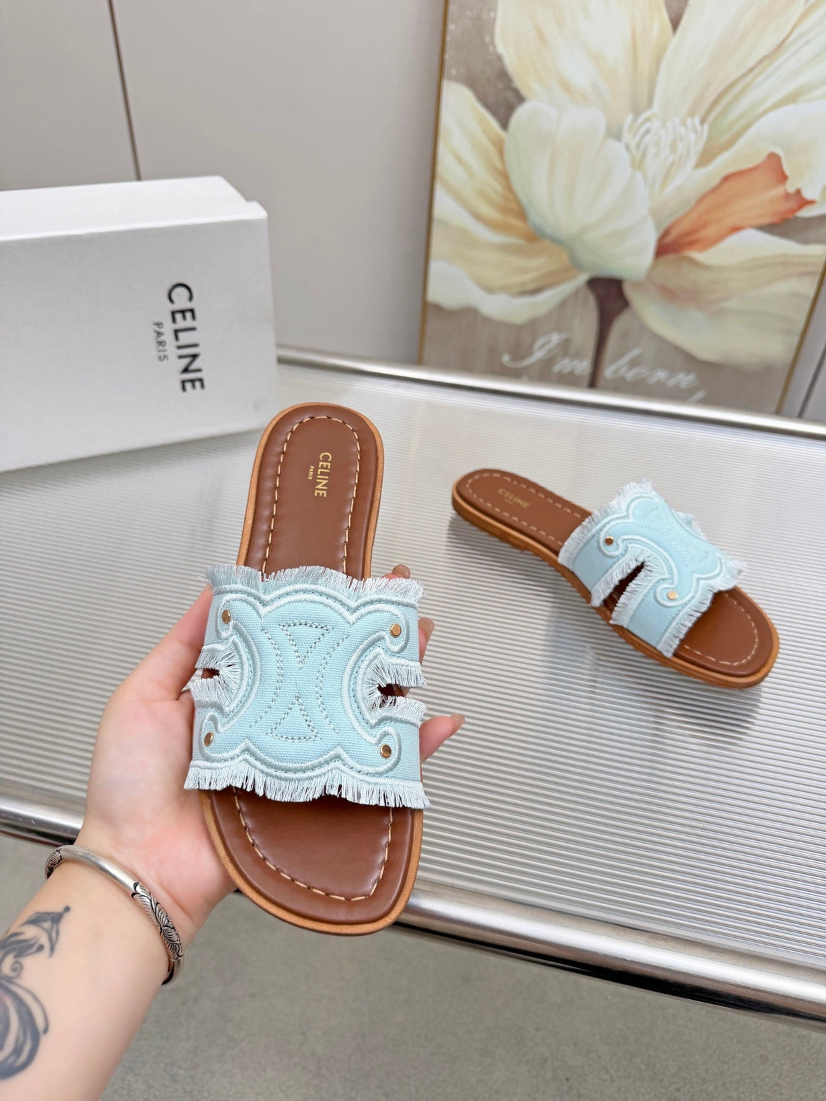 Celine 26s Triomphe Slide Sandals Sky Blue Canvas 514279