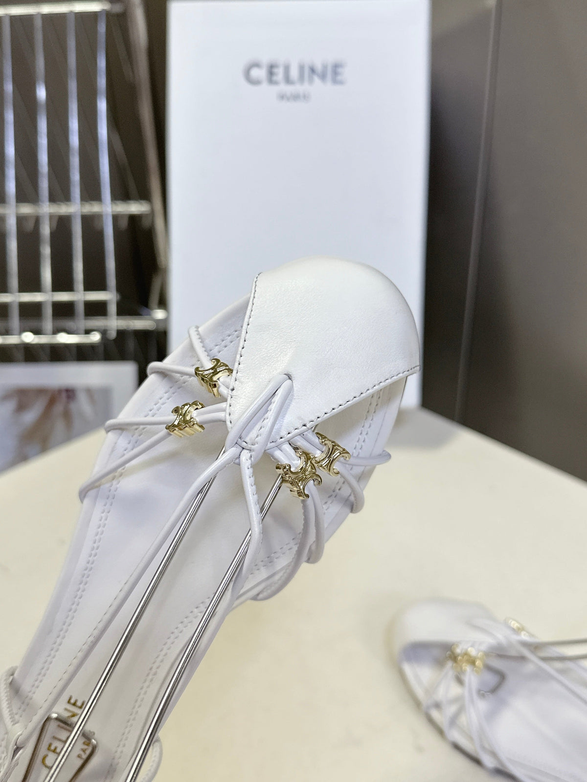 Celine 26s Triomphe Lace Up Ankle Strap Flat Sandals White Calfskin 851392