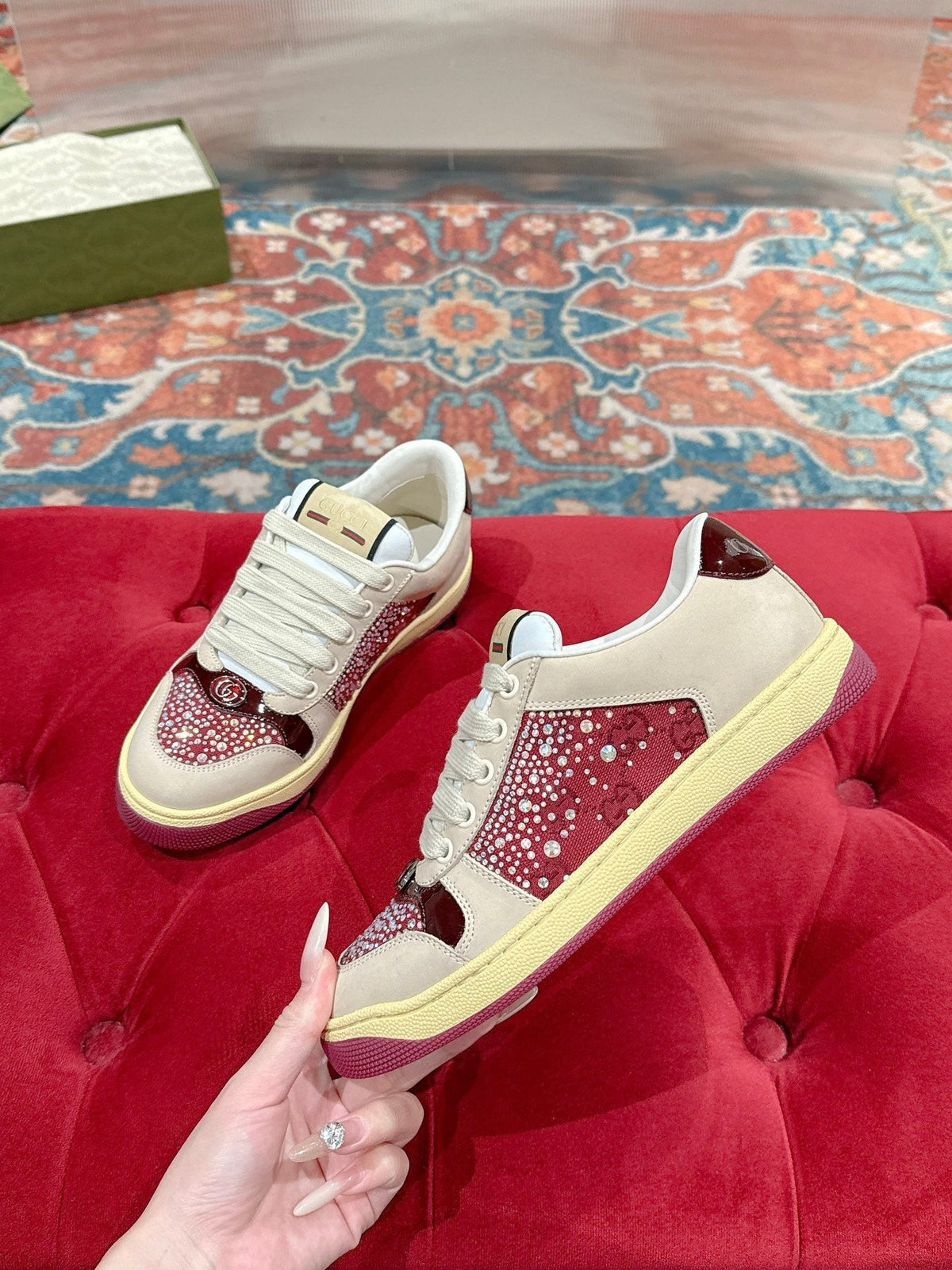GG 26s Screener Sneaker Beige Suede Mix Dark Red Canvas