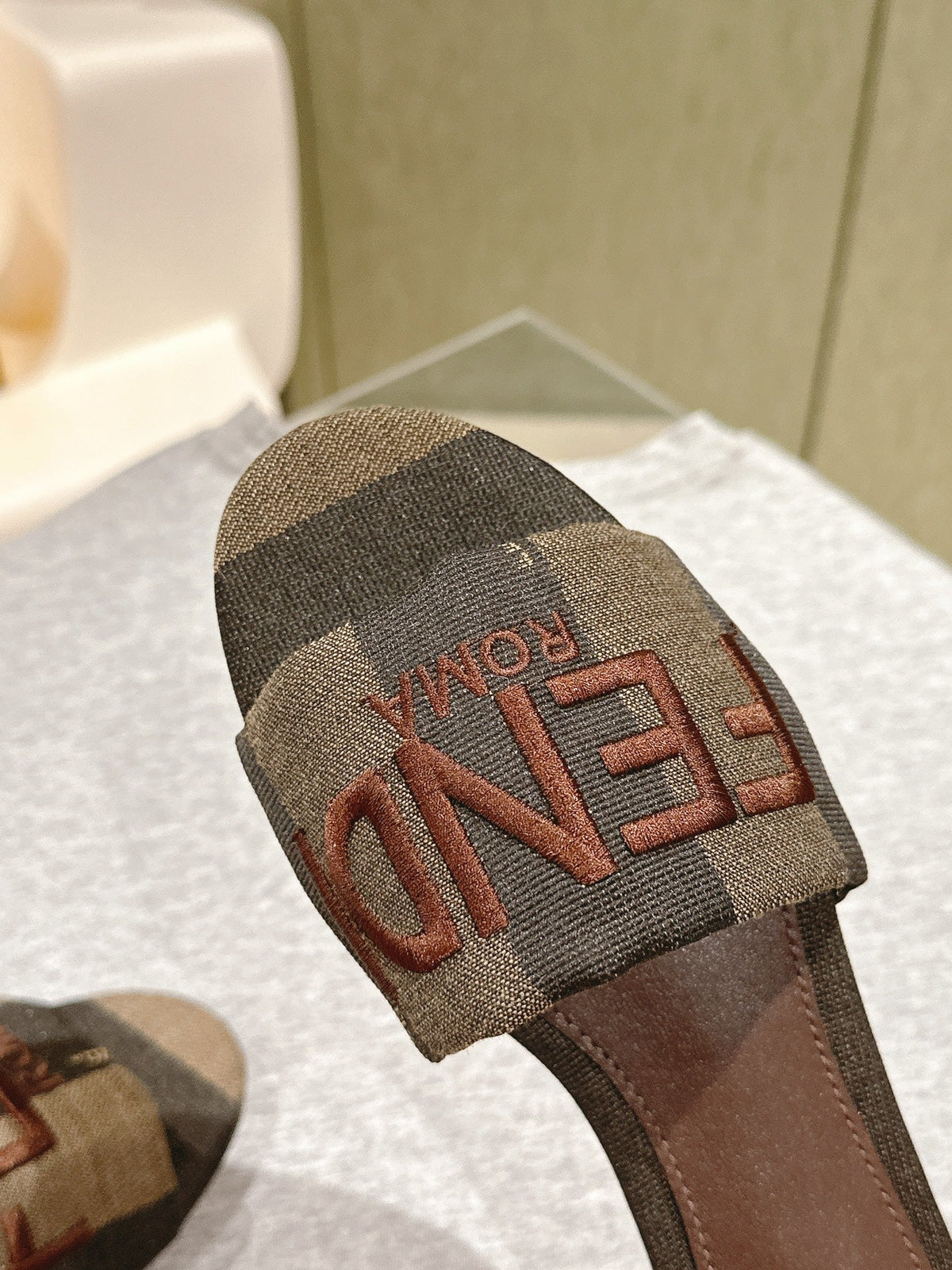 Fendi 26S Slide Sandals Khaki & Dark Brown Canvas