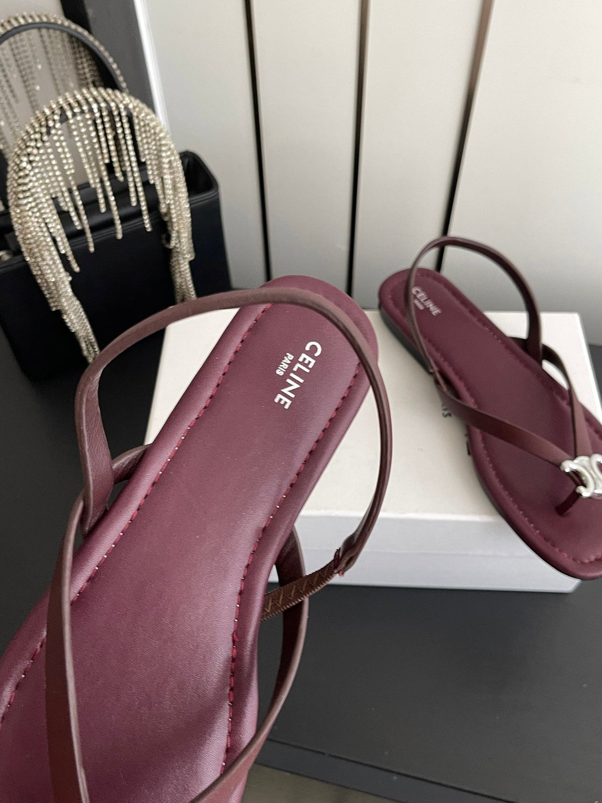 Celine 26s Thong Sandals Dark Red Calfskin 538164