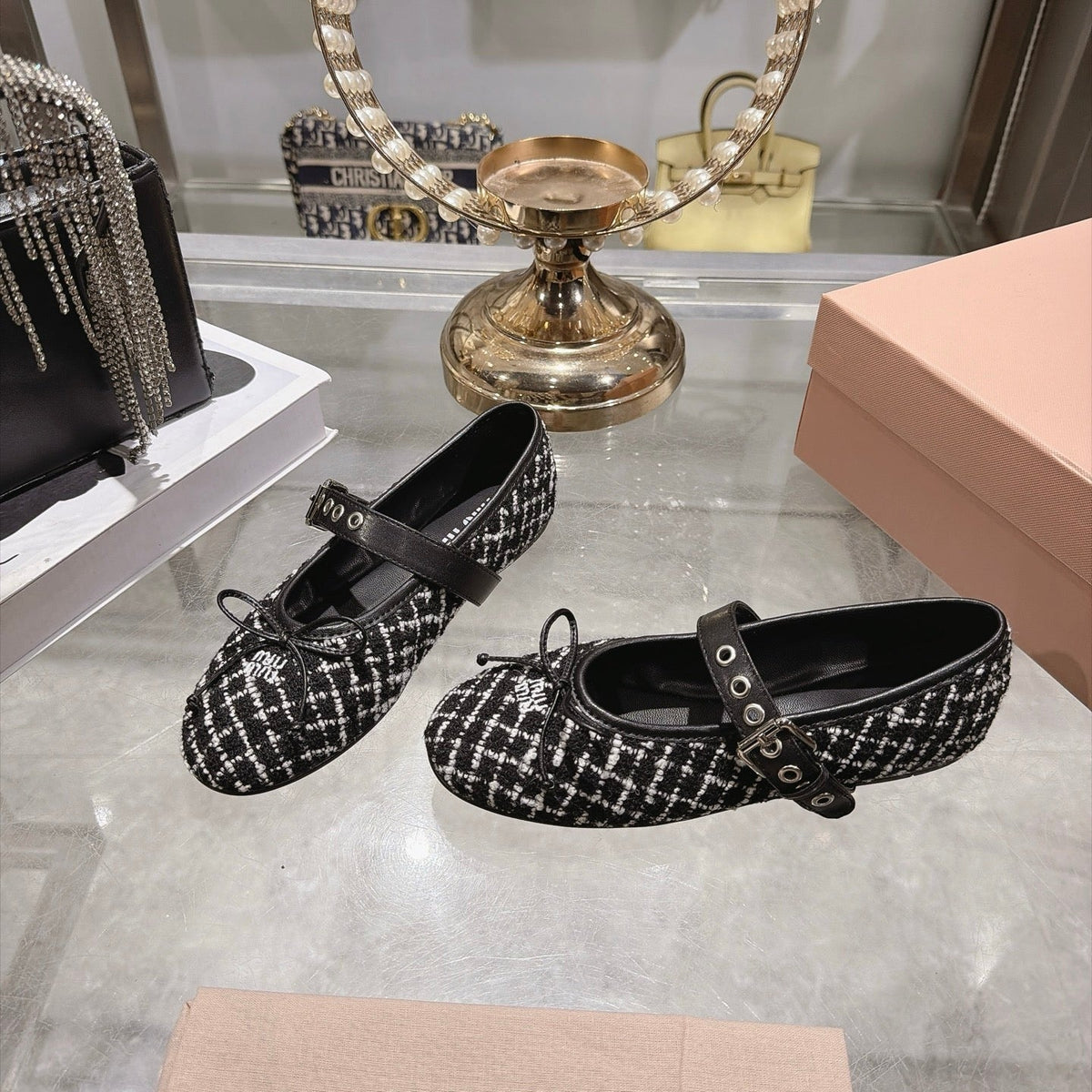 Miumiu 26S Mary Jane Flats Black And White Tweed Fabric