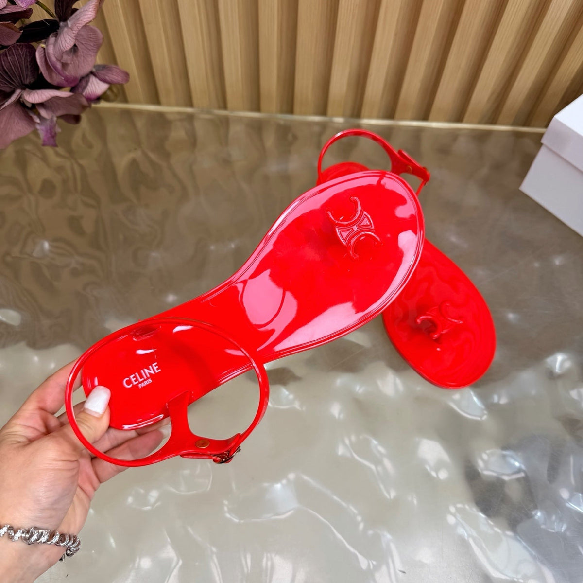 Celine 26s Triomphe Jelly Thong Sandals Bright Red TPU Gold Hardware 742519