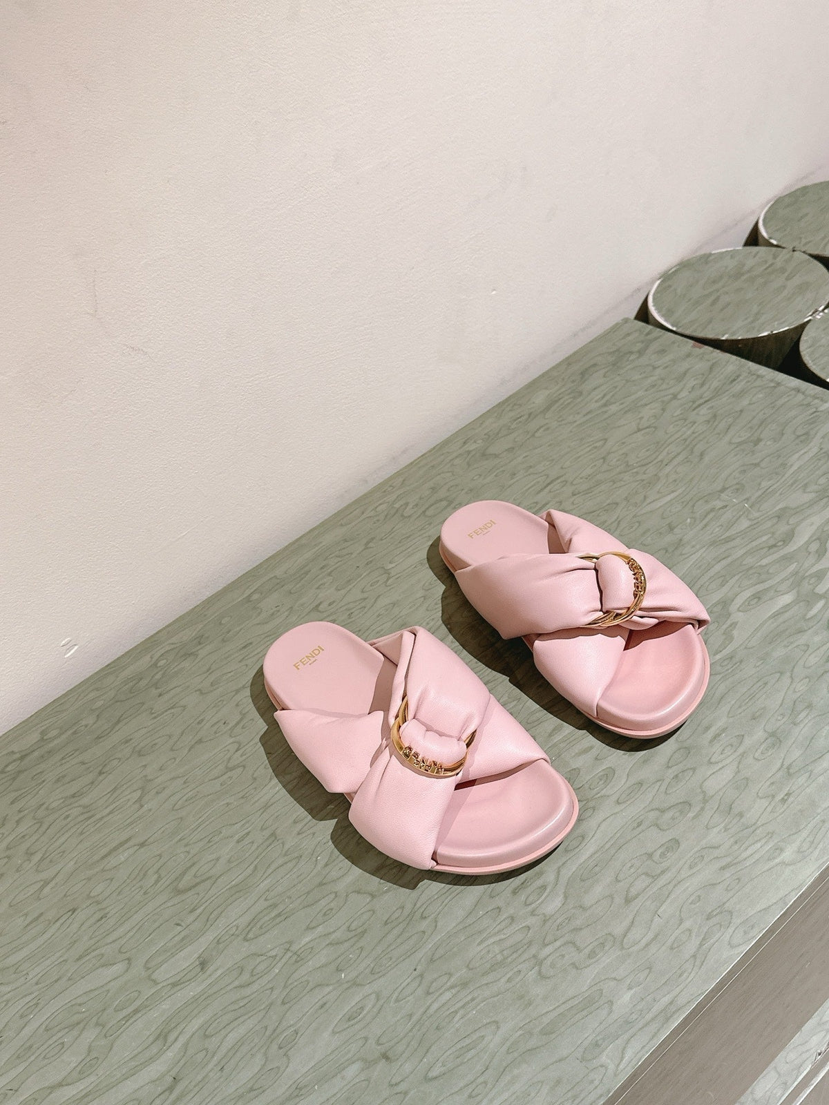 Fendi 26S Wide Cross-Strap Sandals Light Pink Lambskin