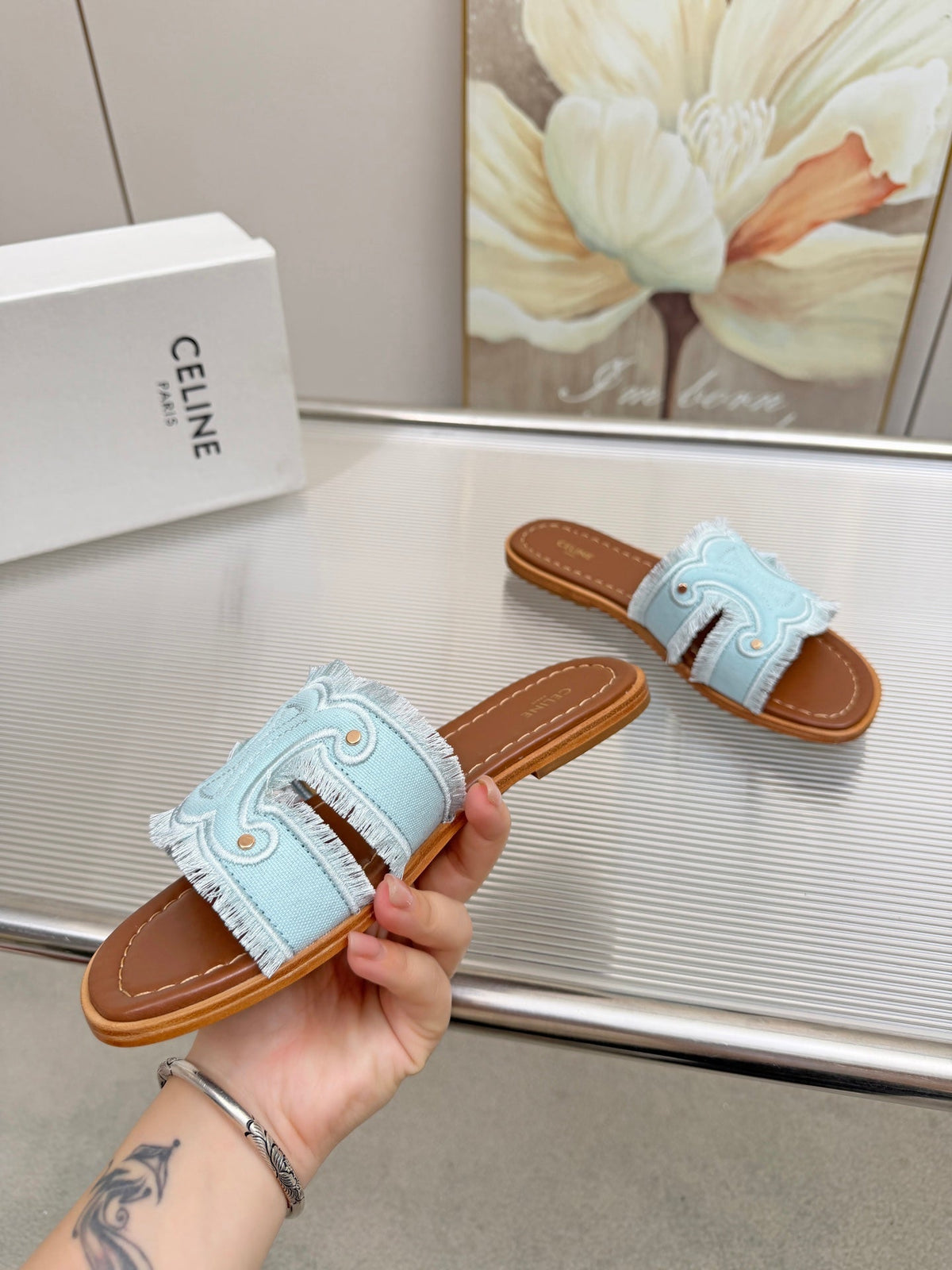 Celine 26s Triomphe Slide Sandals Sky Blue Canvas 514279