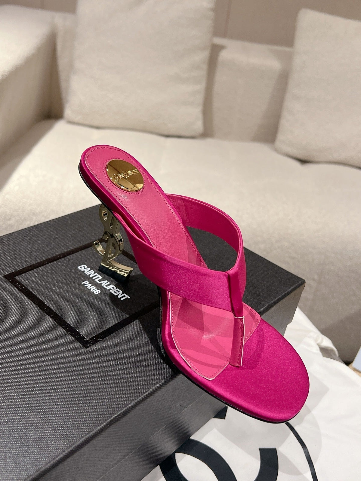 YSL 26S Heeled Thong Sandals 8.5cm Dark Pink Satin