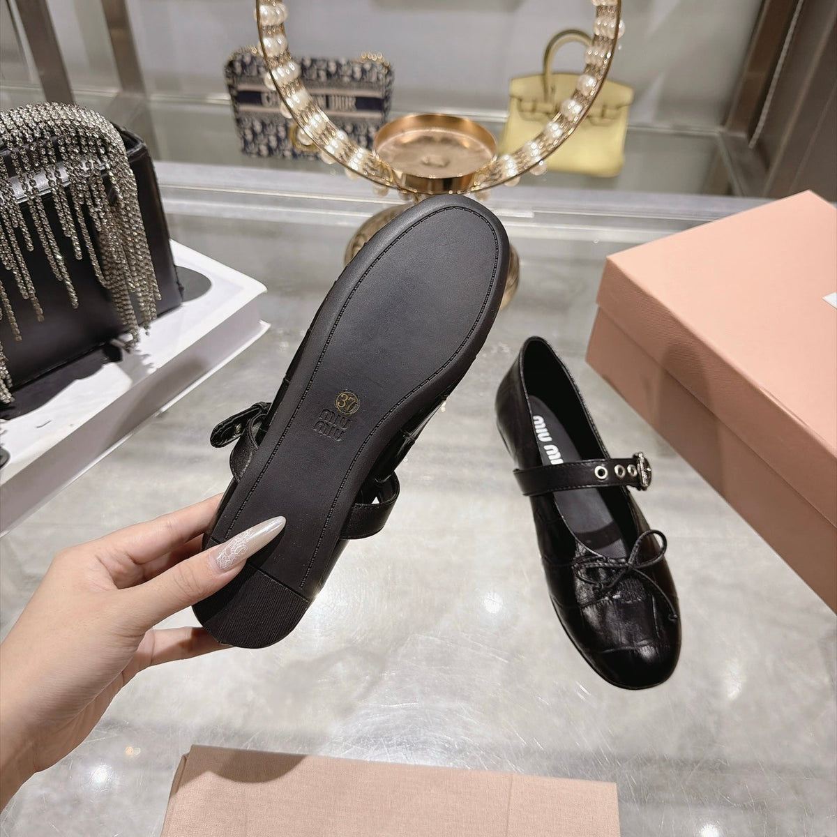 Miumiu 26S Mary Jane Flats Black Croc-Embossed Leather