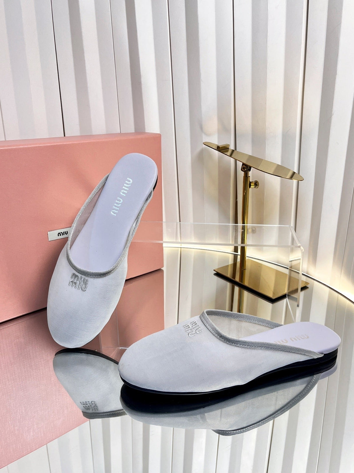 Miumiu 26S Flat Mules Grey Fabric And Leather