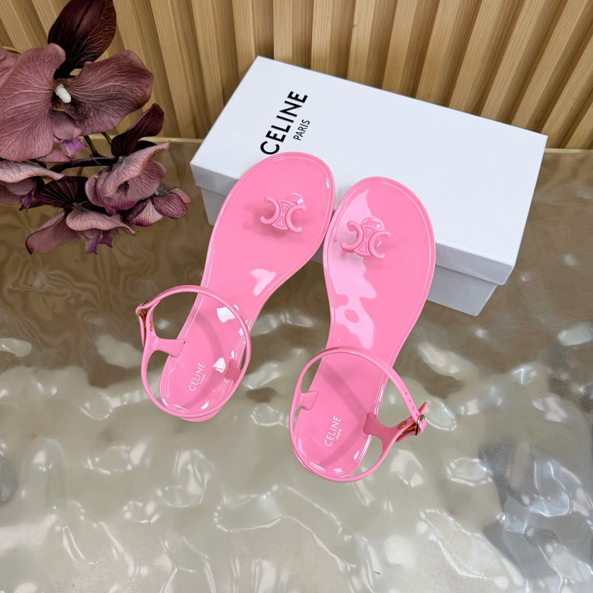 Celine 26s Triomphe Jelly Thong Sandals Pink TPU Gold Hardware 472195