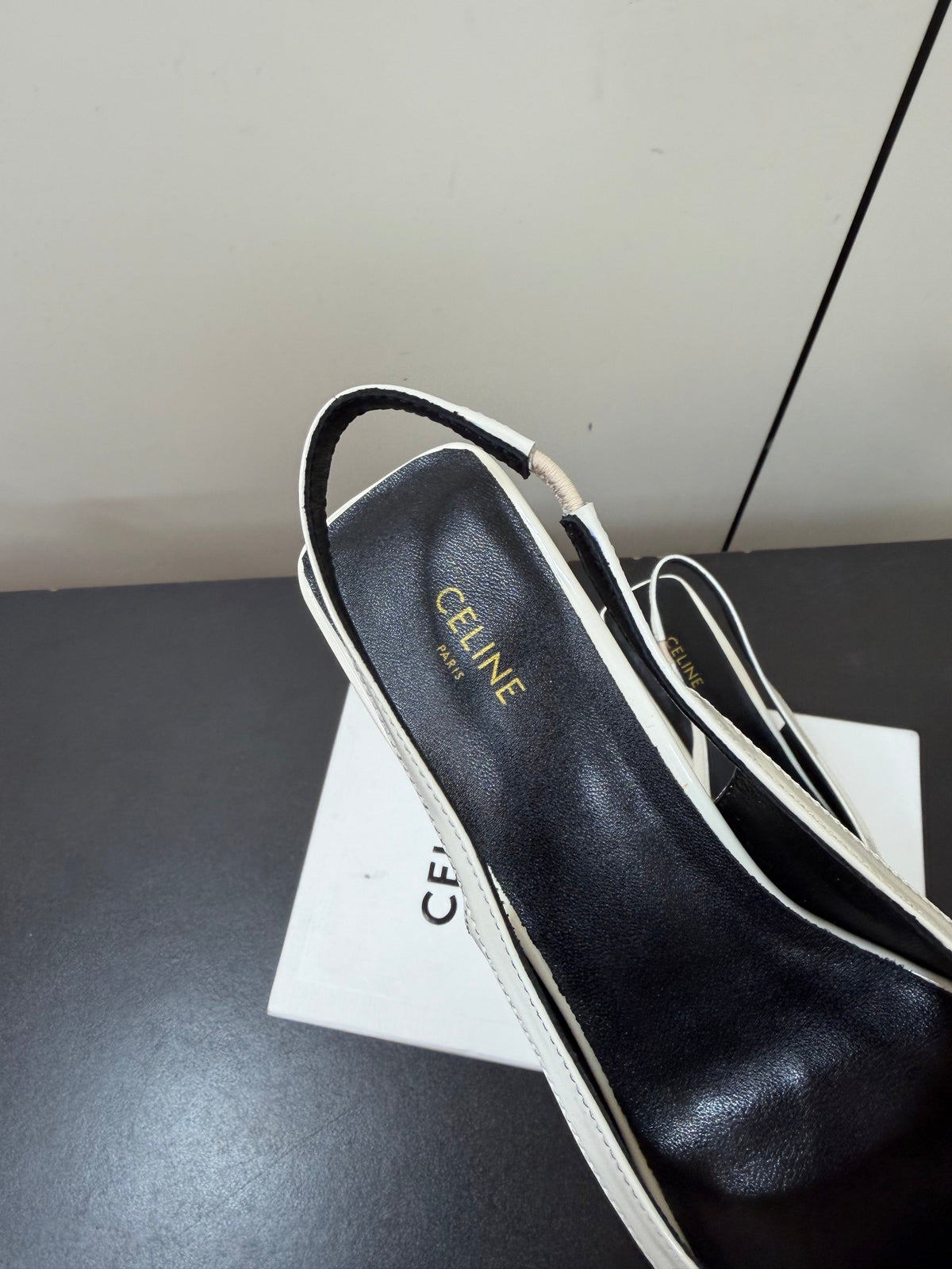 Celine 26s Triomphe Slingback Pumps In White Patent Calfskin Gold Hardware